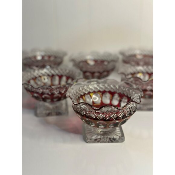 VTG Westmoreland Ruby Red Glass Compote Dishes Thumbprint Crimped Edge, Set of 6 - Picture 2 of 9